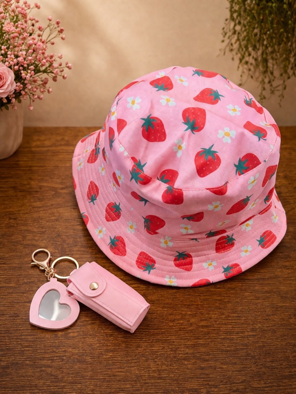 Pink Strawberry Print Bucket Hat + keychain combo